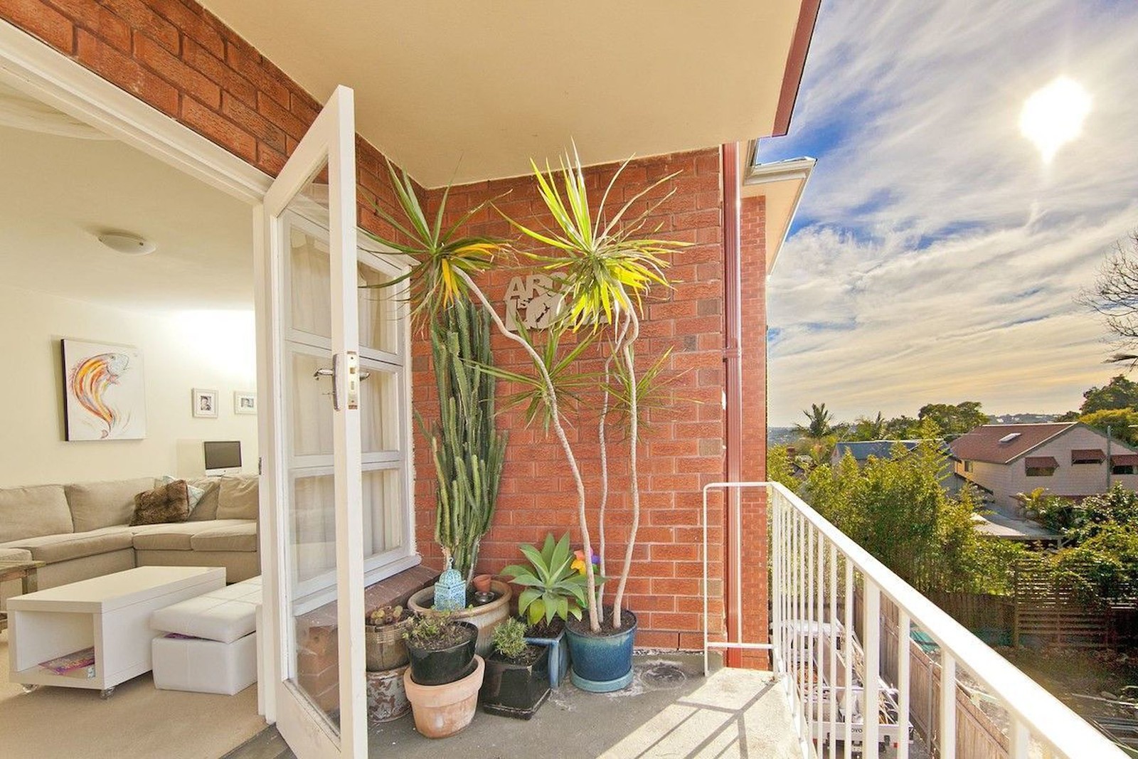 A leafy Sydney balcony with pot plants beside an open door