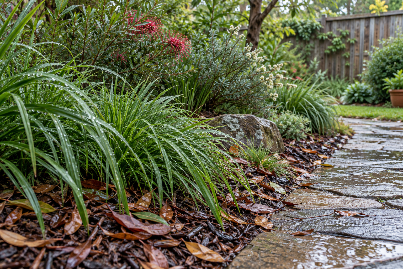 Illustrative damp Sydney-style garden edge and long grass after spring showers; no ticks visible