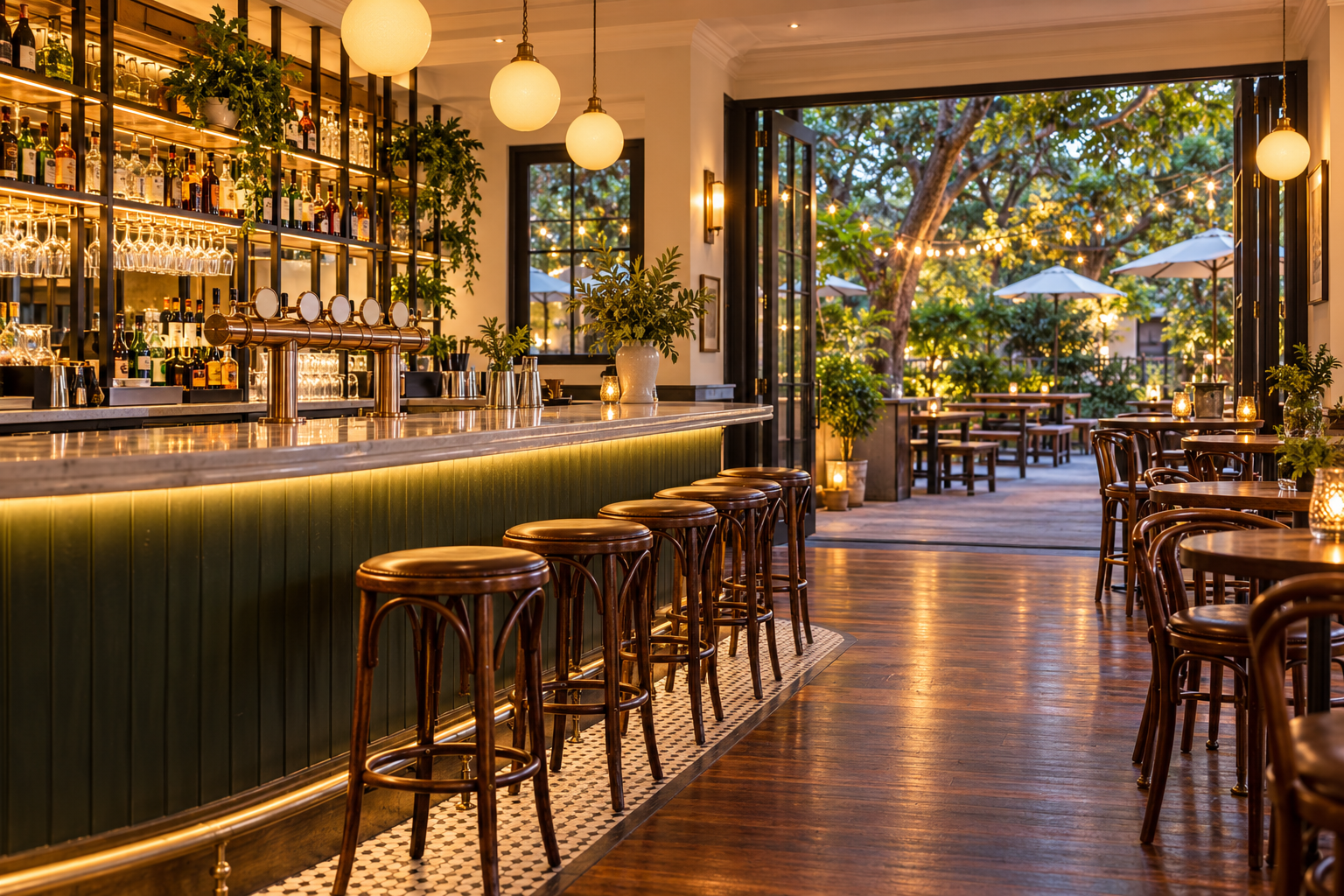 Illustrative clean Sydney pub with a polished bar and a glimpse of a leafy beer garden in warm evening light; no insects or rodents visible