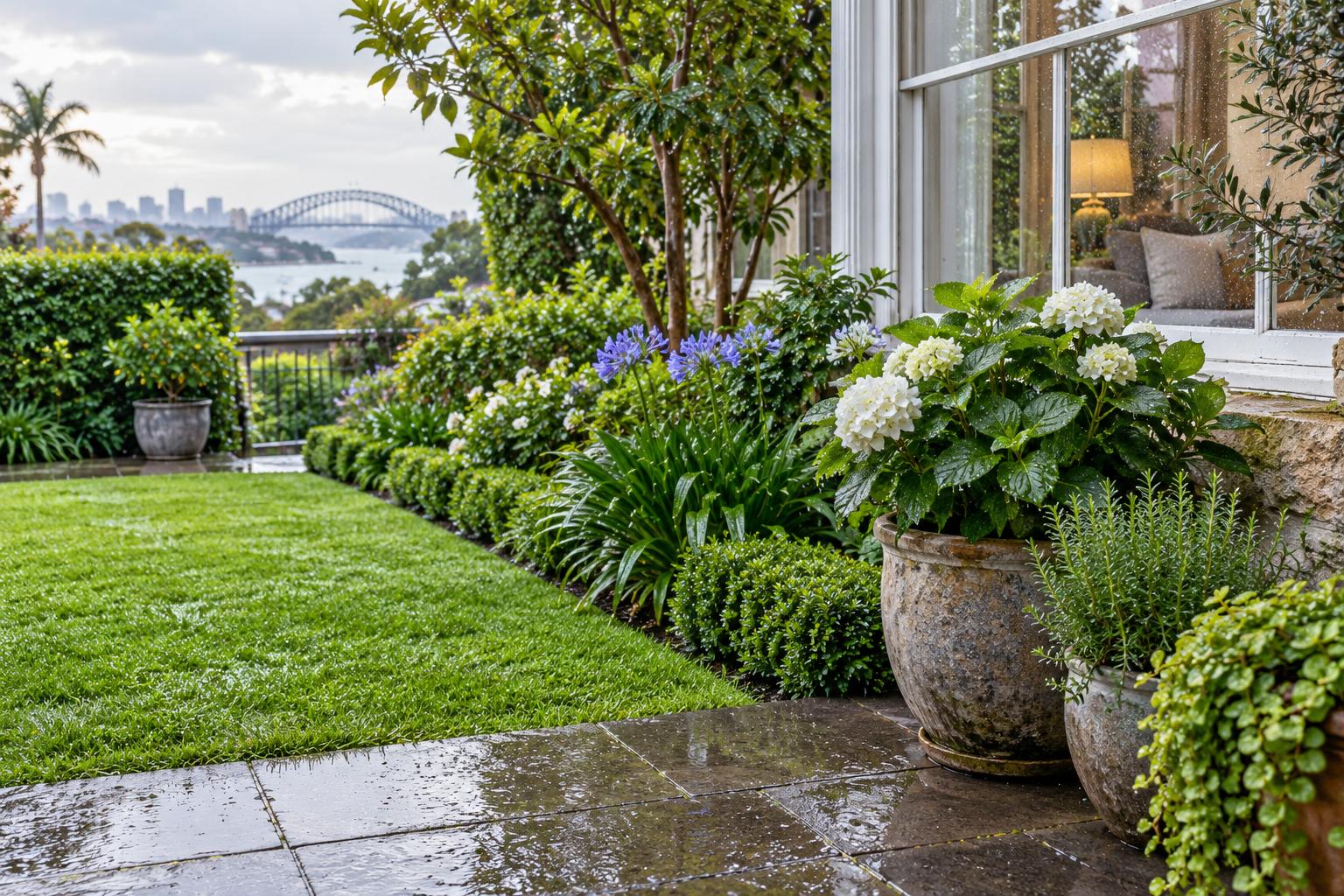 Illustrative damp Sydney garden after late-spring rain, with pot plants and fresh green turf beside a window; no insects visible