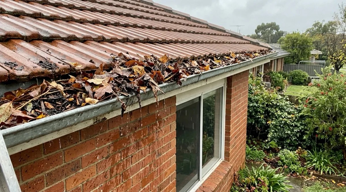 A home exterior with a leaf-filled gutter beside garden foliage